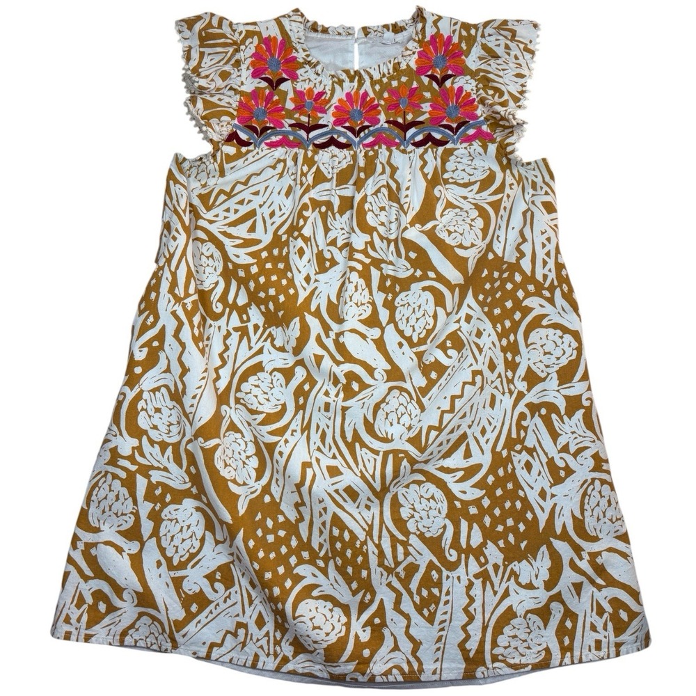 THML Brown White Embroidered Floral Mini Dress M Boho Ruffle Sleeve Cotton